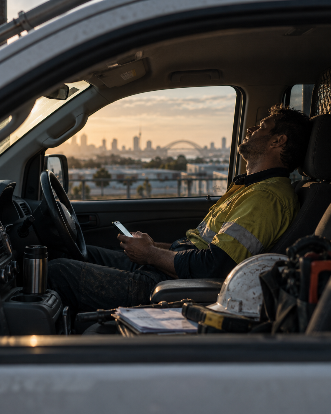 A tradesperson sitting in a work ute at dawn, checking their phone