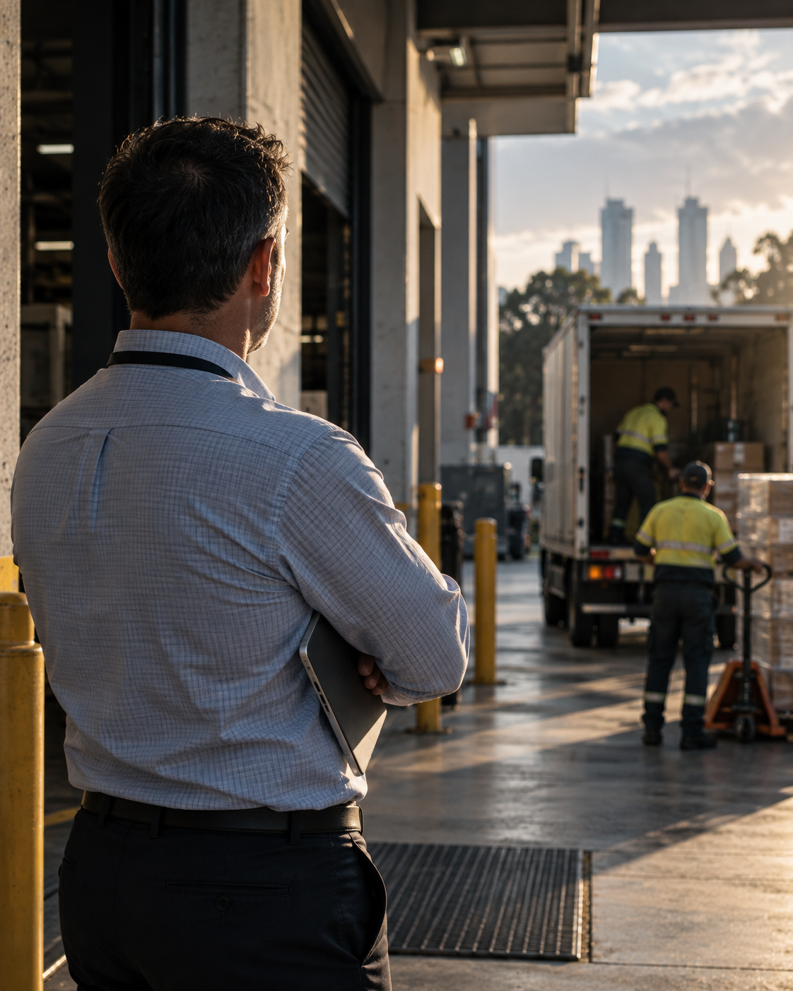 A facilities manager watching a team arrive at a site gate