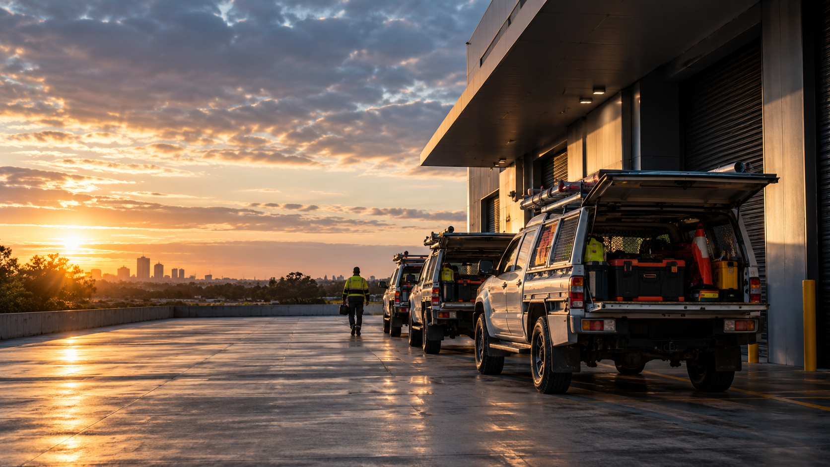 A tradesperson in hi-vis walking past a line of loaded work utes outside a depot at dawn